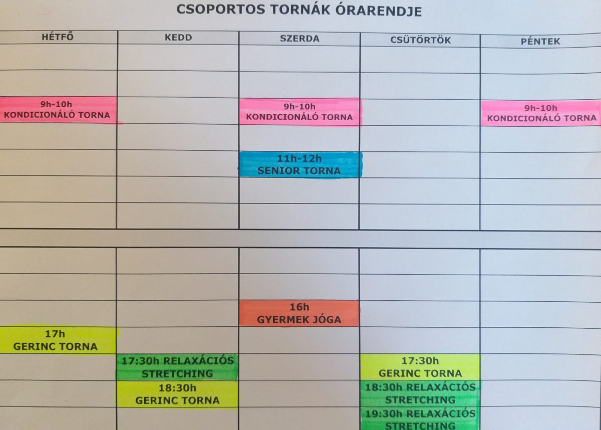 Csoportos tornák órarendje